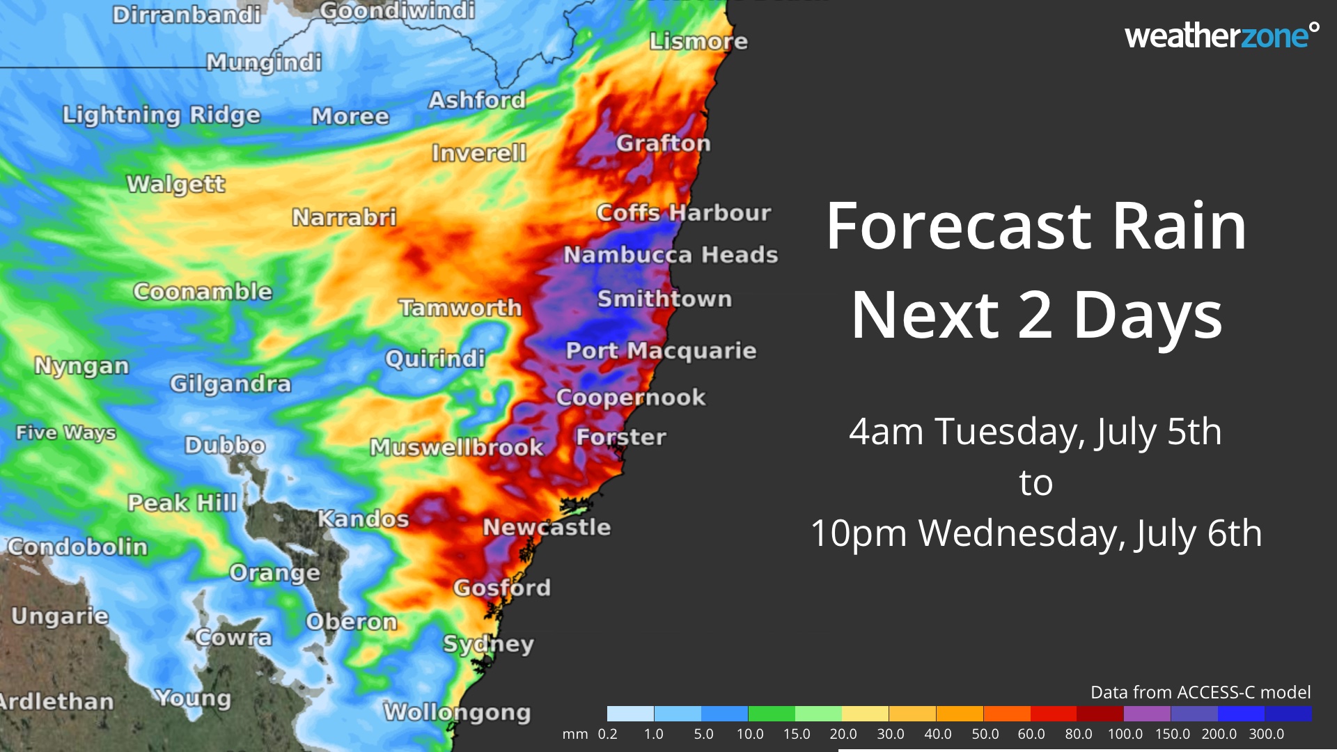 Heavy rain moving north in NSW